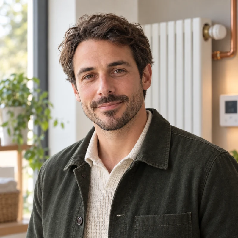 Portrait éditorial de Julien Morel dans un intérieur équipé d’un radiateur