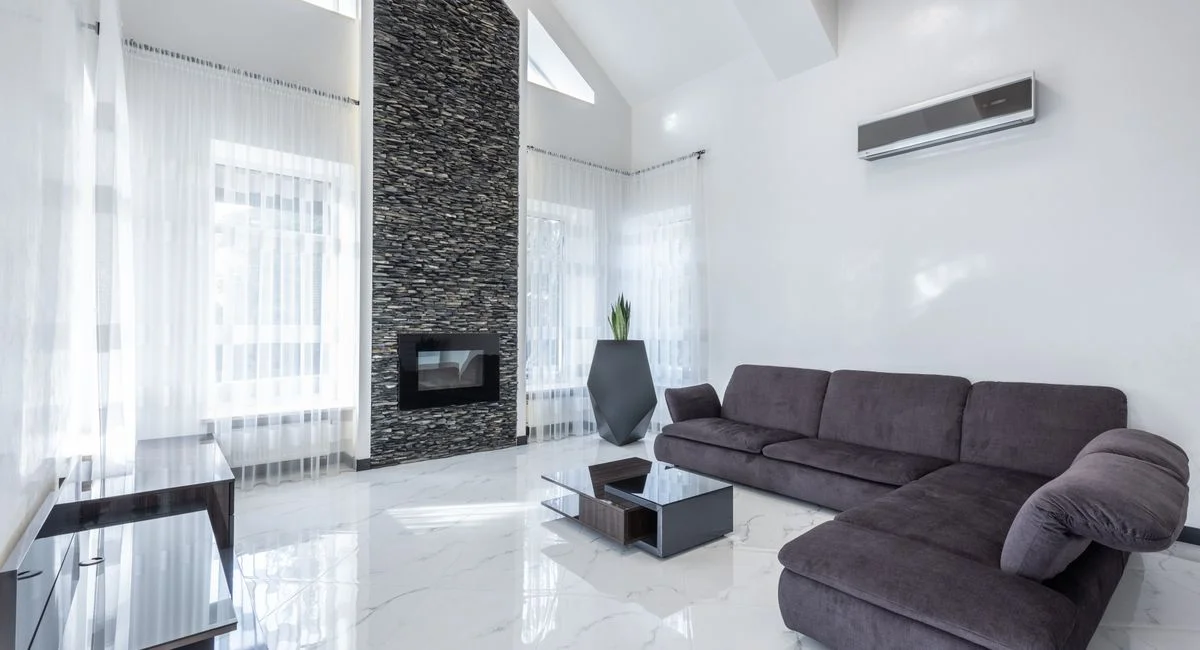 Interior of elegant minimalist living room with soft couch and electric fireplace decorated with geometric pot of green plant
