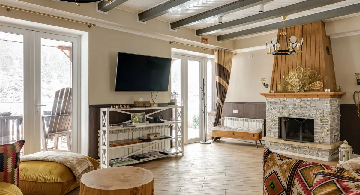 Warm and inviting living room featuring rustic decor and natural materials.