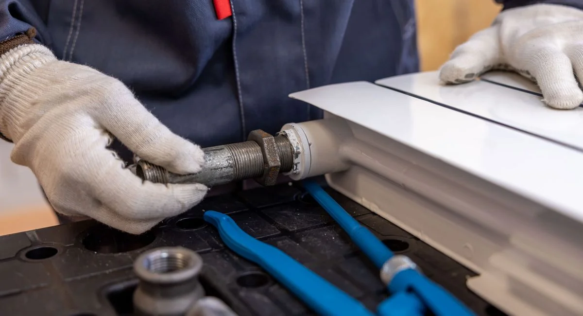 Close-up of a plumber installing a radiator pipe using specialized tools.