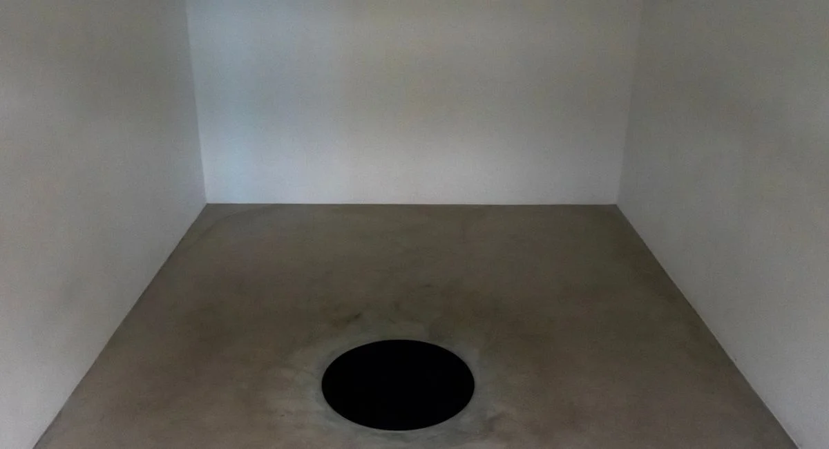 Abstract minimalist art piece featuring a black circle on a plain floor in a stark room.