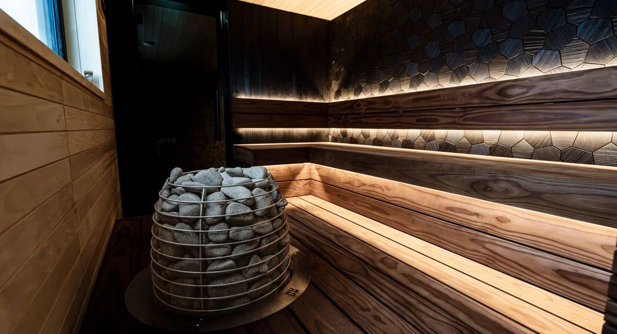 Elegant indoor sauna featuring warm wood textures and modern design elements, ideal for relaxation.