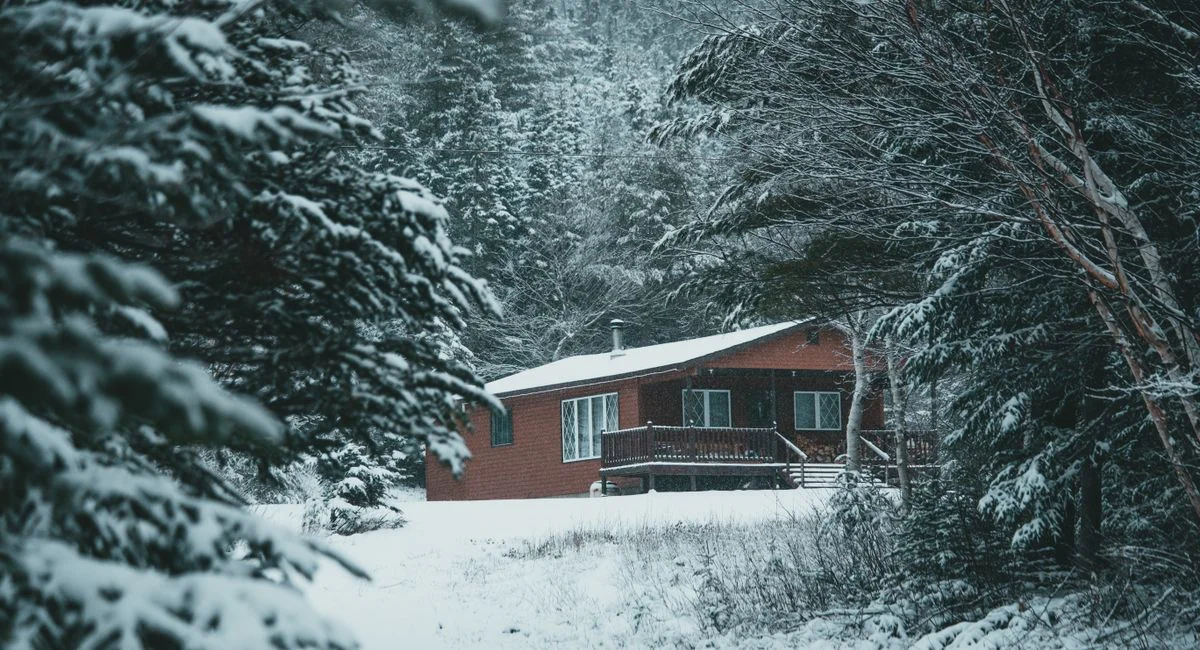 Picturesque landscape of small residential house placed on snowy terrain among coniferous woods in forest in winter time