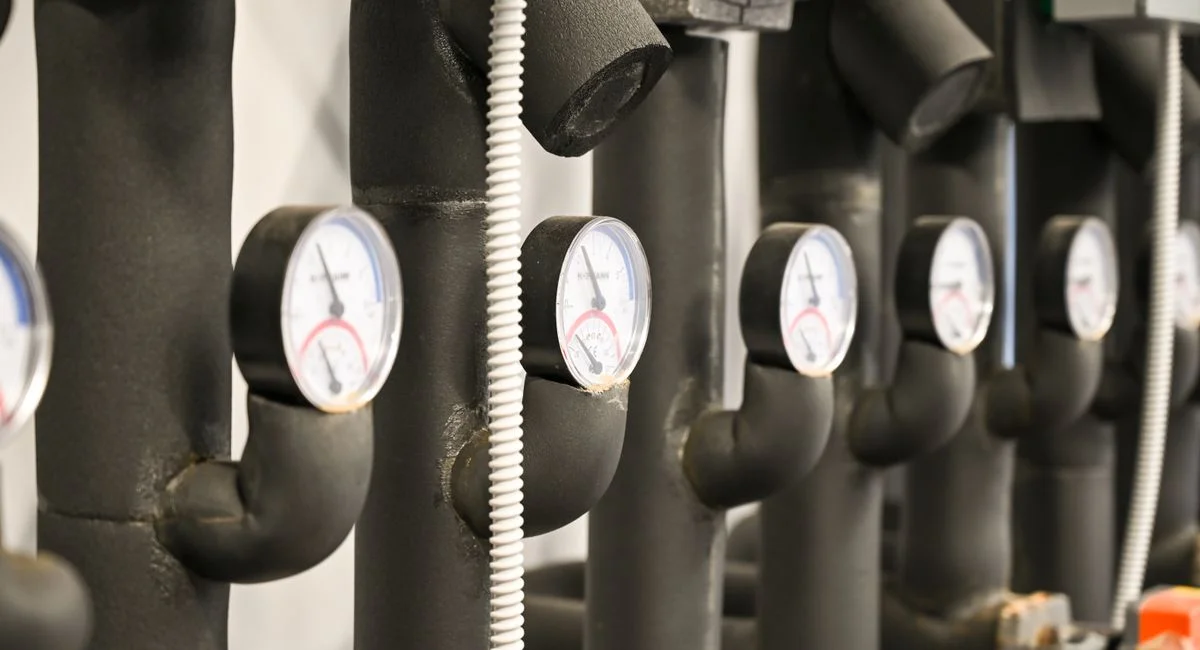 Industrial pipes and pressure gauges in a facility at Garešnica, Croatia.