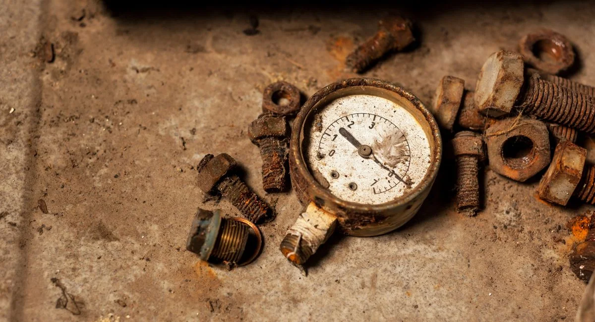 Old and rusty pressure gauge with scattered bolts on a dusty industrial floor.