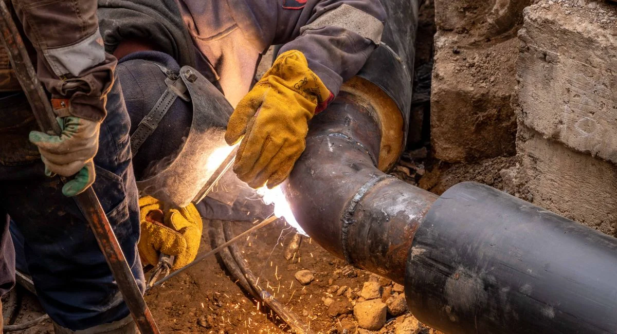 Close-up of a skilled worker welding steel pipes in an industrial setting, showcasing expertise and safety gear.