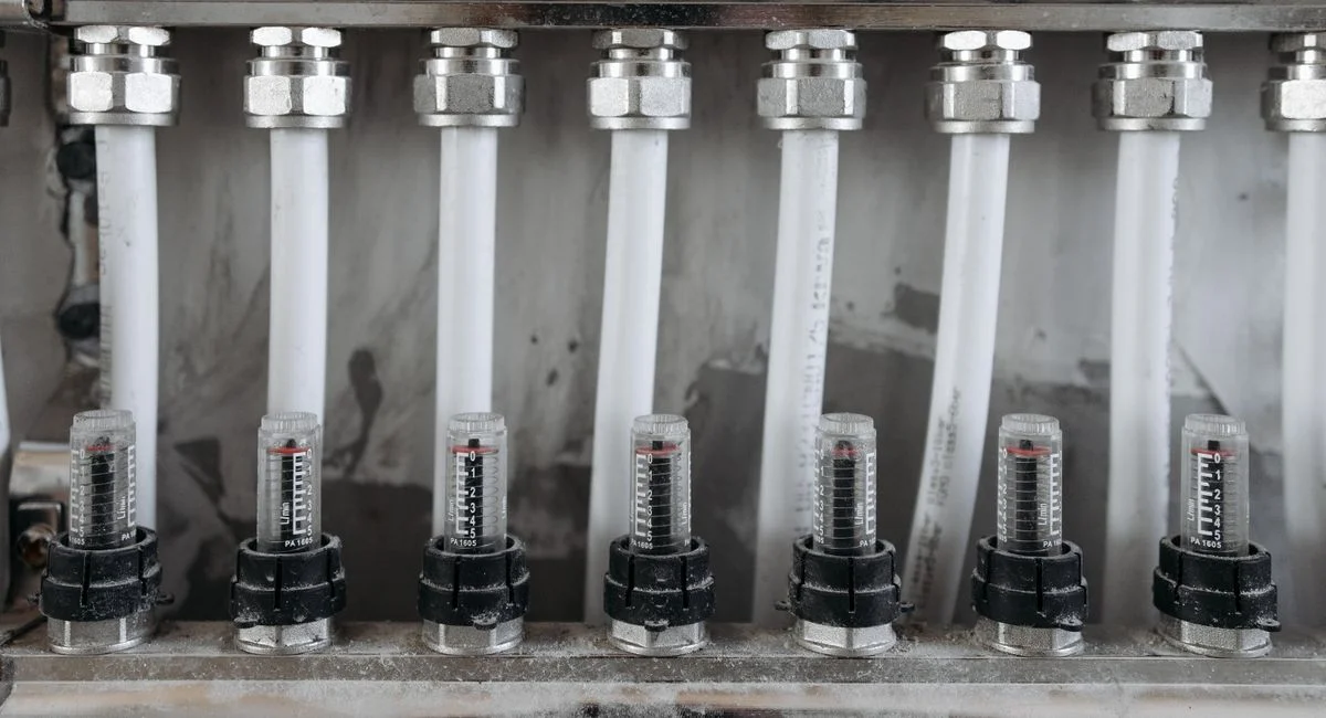 Detailed view of a network of pipes with valves in a metal framework, emphasizing industrial mechanics.