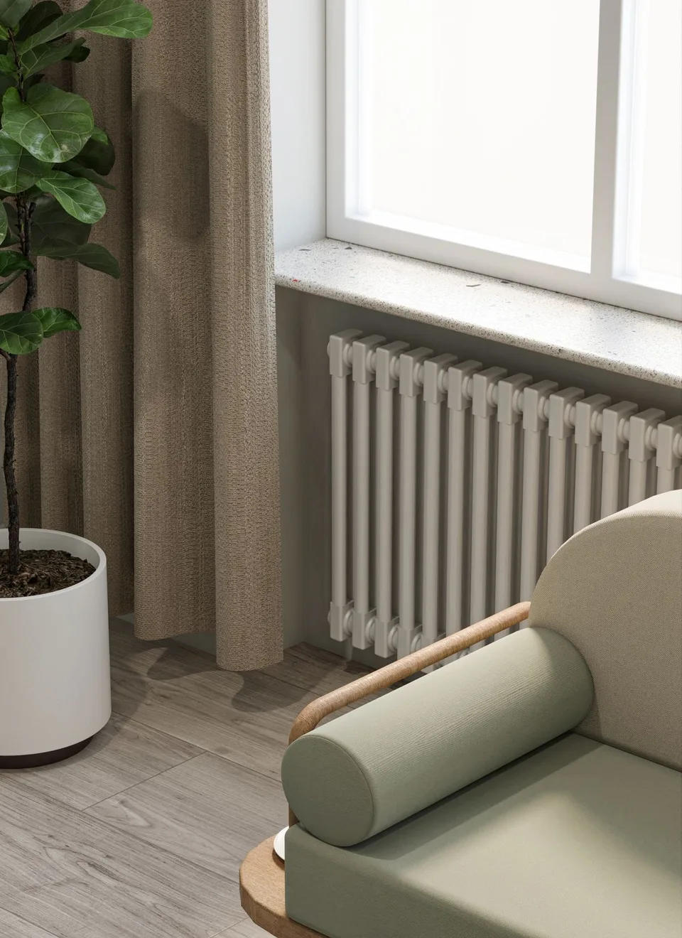 Radiateur sous une fenêtre dans un salon avec fauteuil et plante
